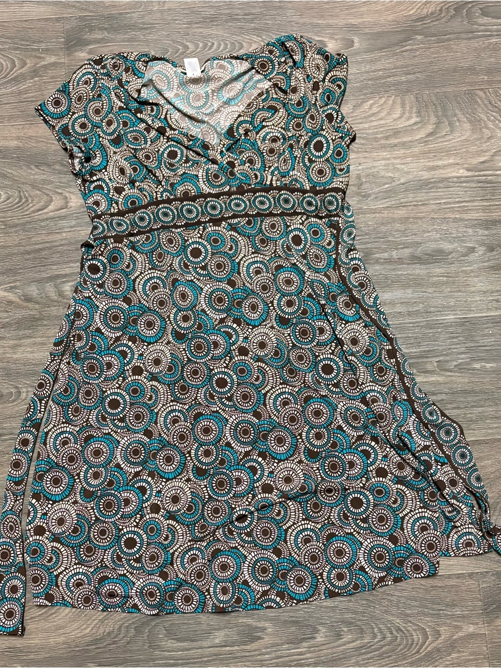 Size Large Motherhood Maternity Teal and Brown Printed Empire Waist Midi Dress